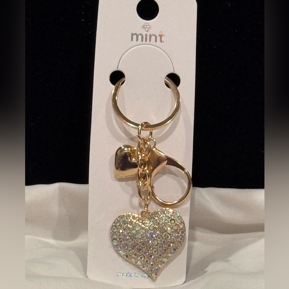 BAG CHARM Gold and Iridescent Crystal Heart Keychain 3.5 inch